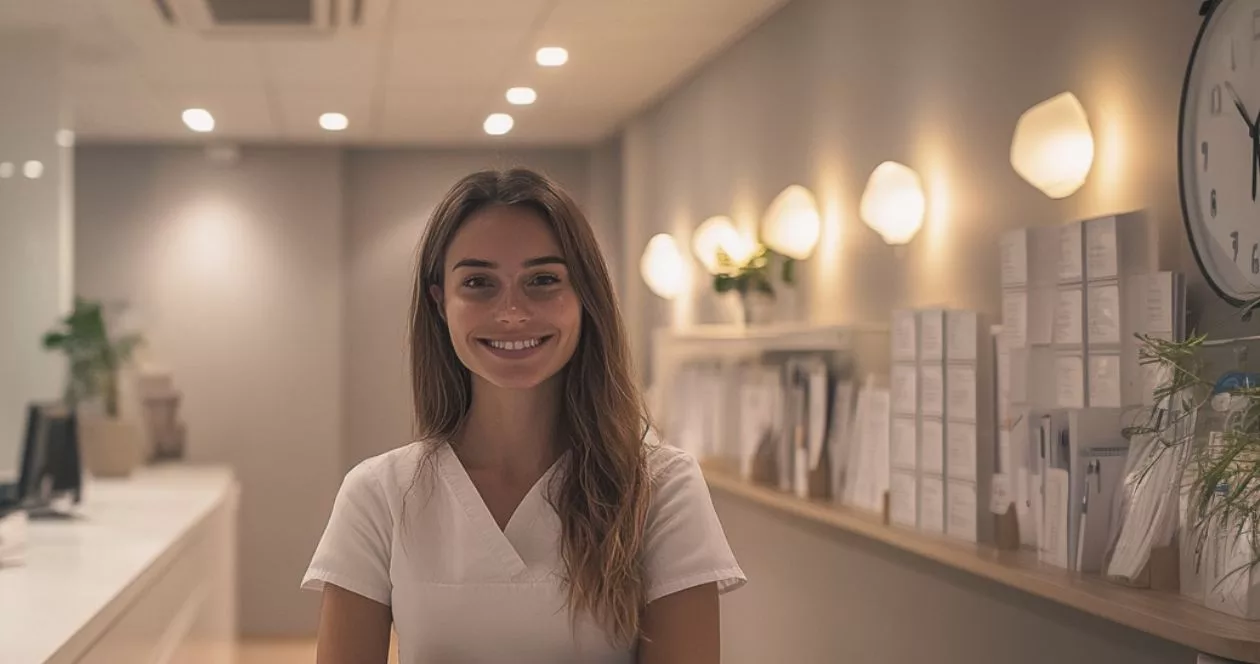 junge Therapeutin gründet Praxis und steht an Rezeption