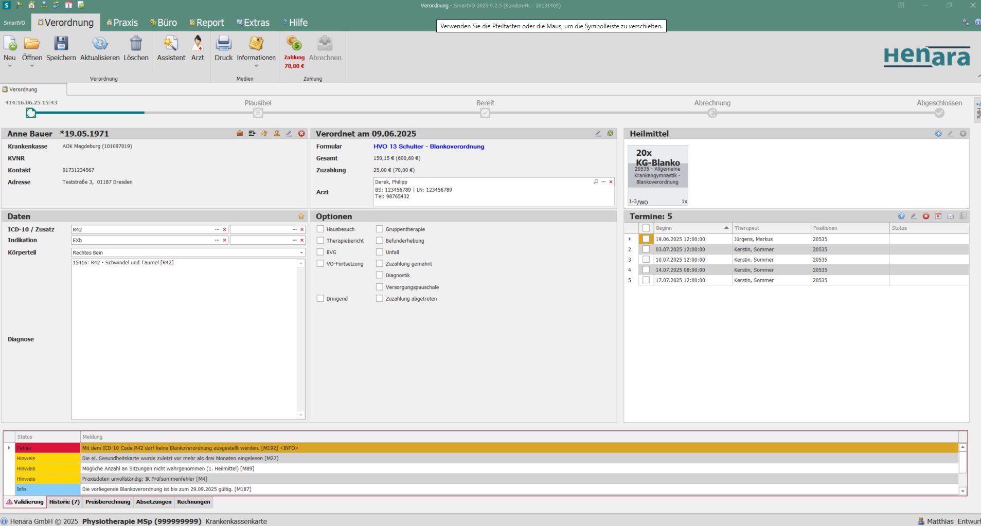 henara SmartVO Praxissoftware Blankoverordnung Validierungsprüfung