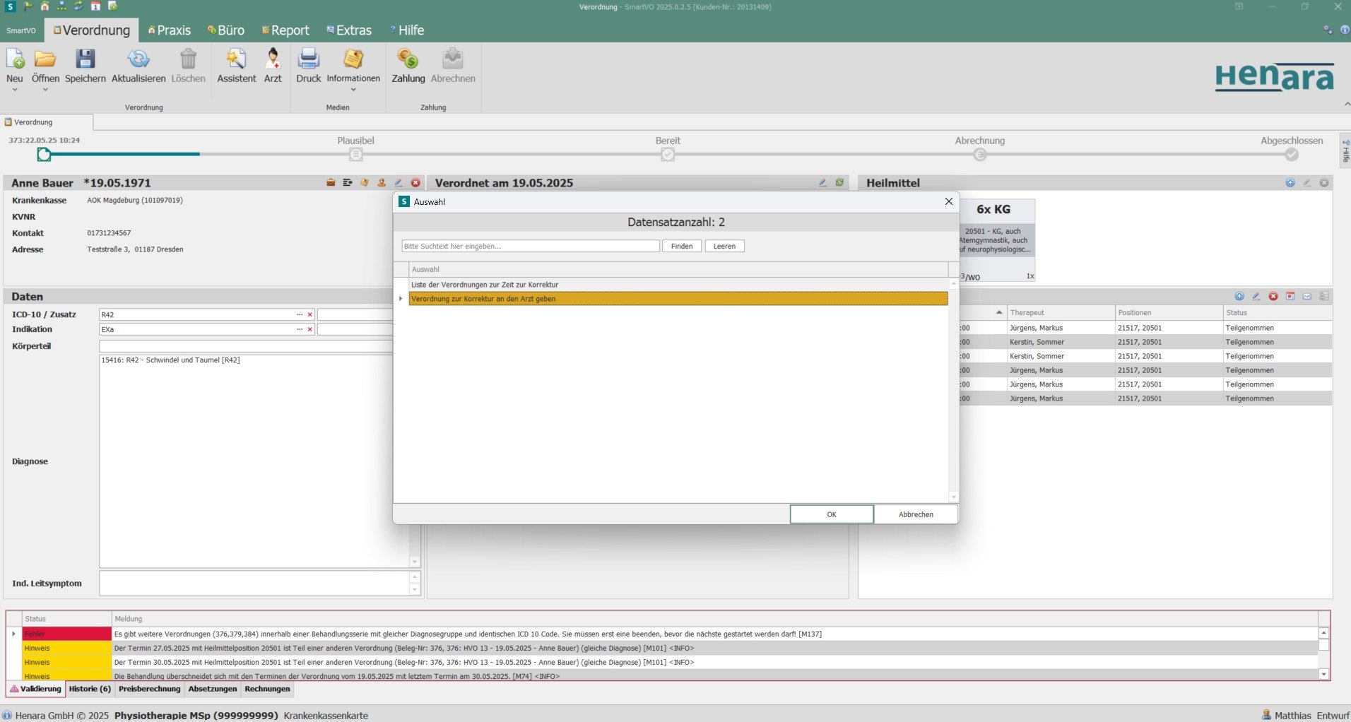 Henara Praxissoftware Verordnungskorrektur
