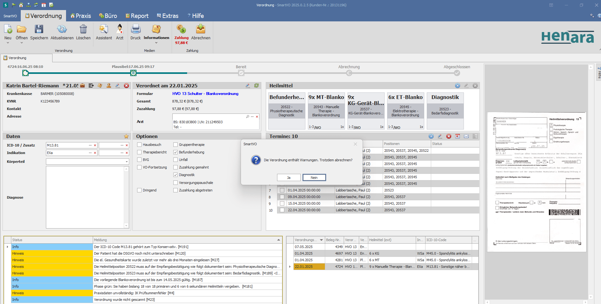 Henara Parxissoftware SmartVO Prüfung einer Verordnung zur Abrechnung