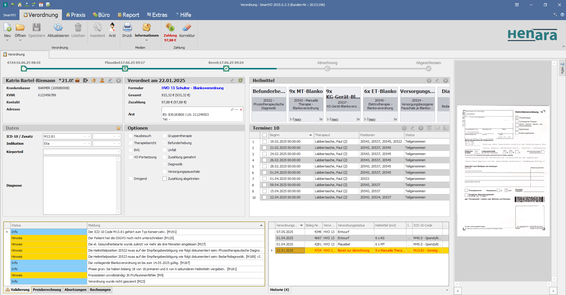 henara smartVO Praxissoftware abrechnung einer Verordnung