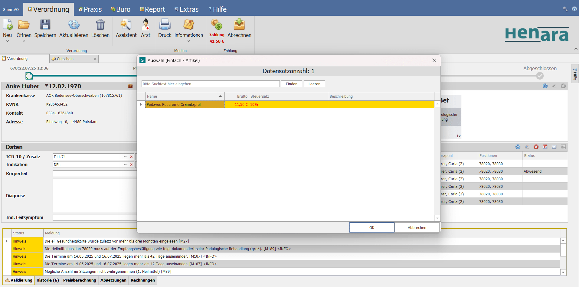 Henara Praxissoftware für Podologen, Artikelverkauf, Produkt auswählen