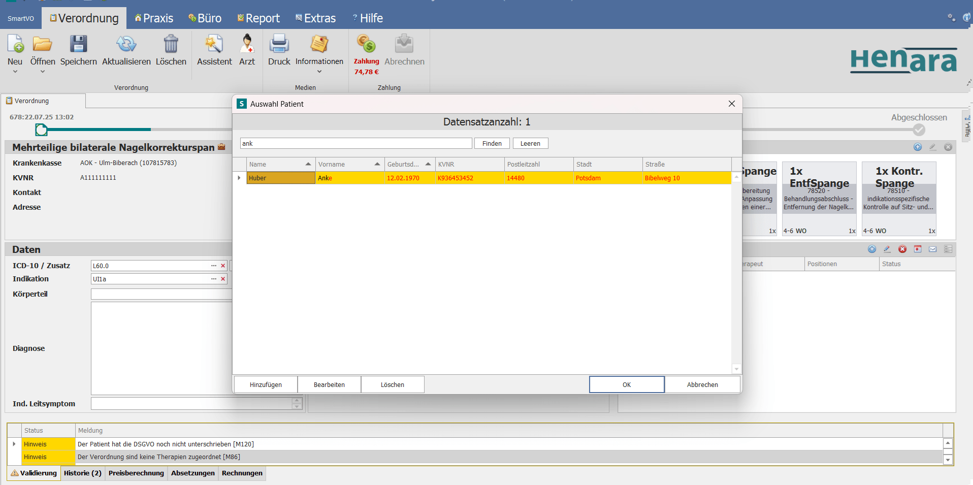 Henara Praxissoftware für Podologen, Nagelspange, Patientenzuordnung
