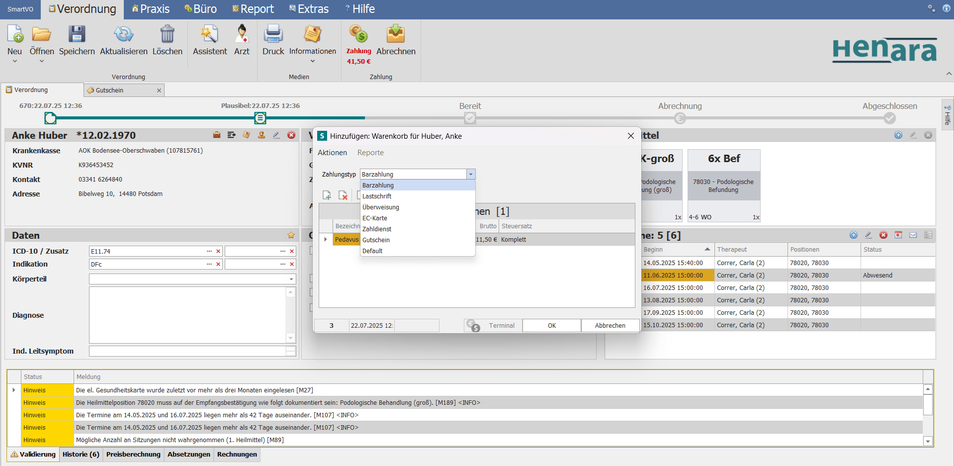 Henara Praxissoftware für Podologen, Artikelverkauf, Zahlung