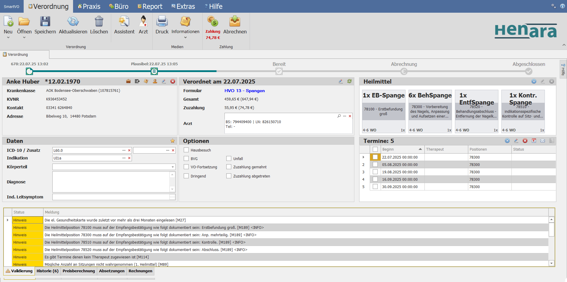 Henara Praxissoftware für Podologen, Nagelspangenbehandlung, Erfassung Verordnung
