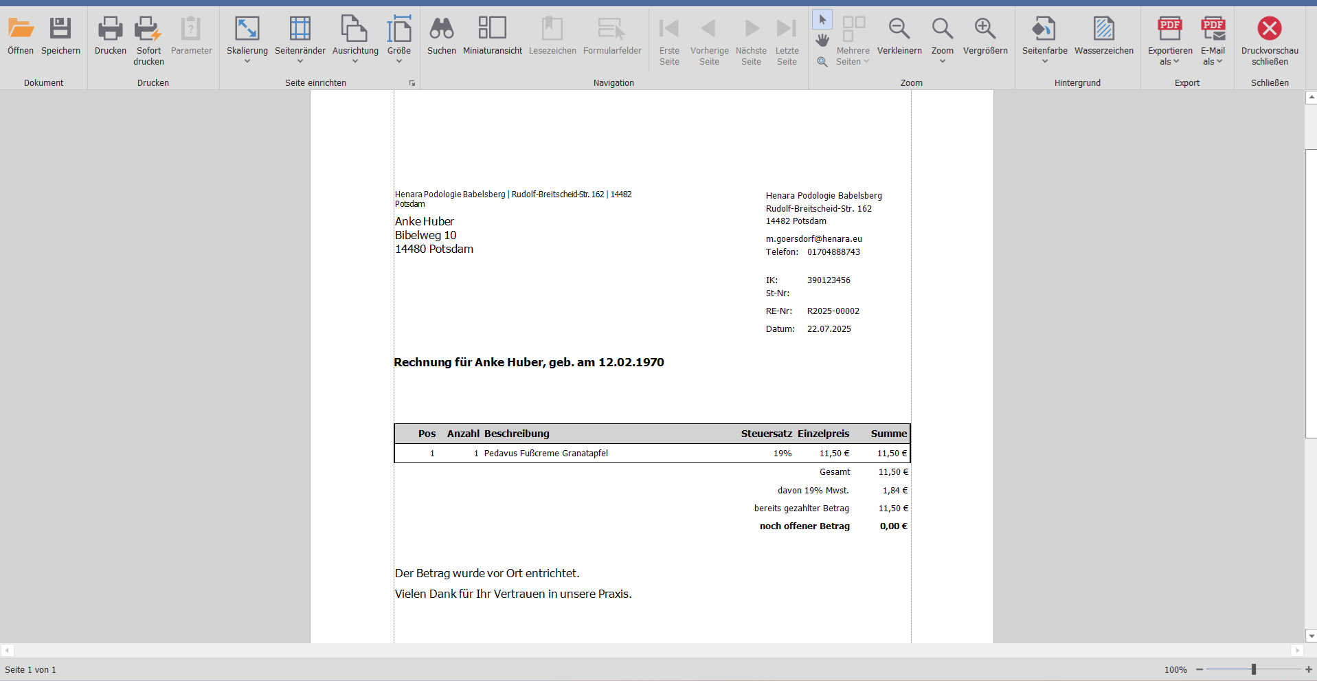 Henara Praxissoftware für Podologen, Rechnung für Artikelverkauf