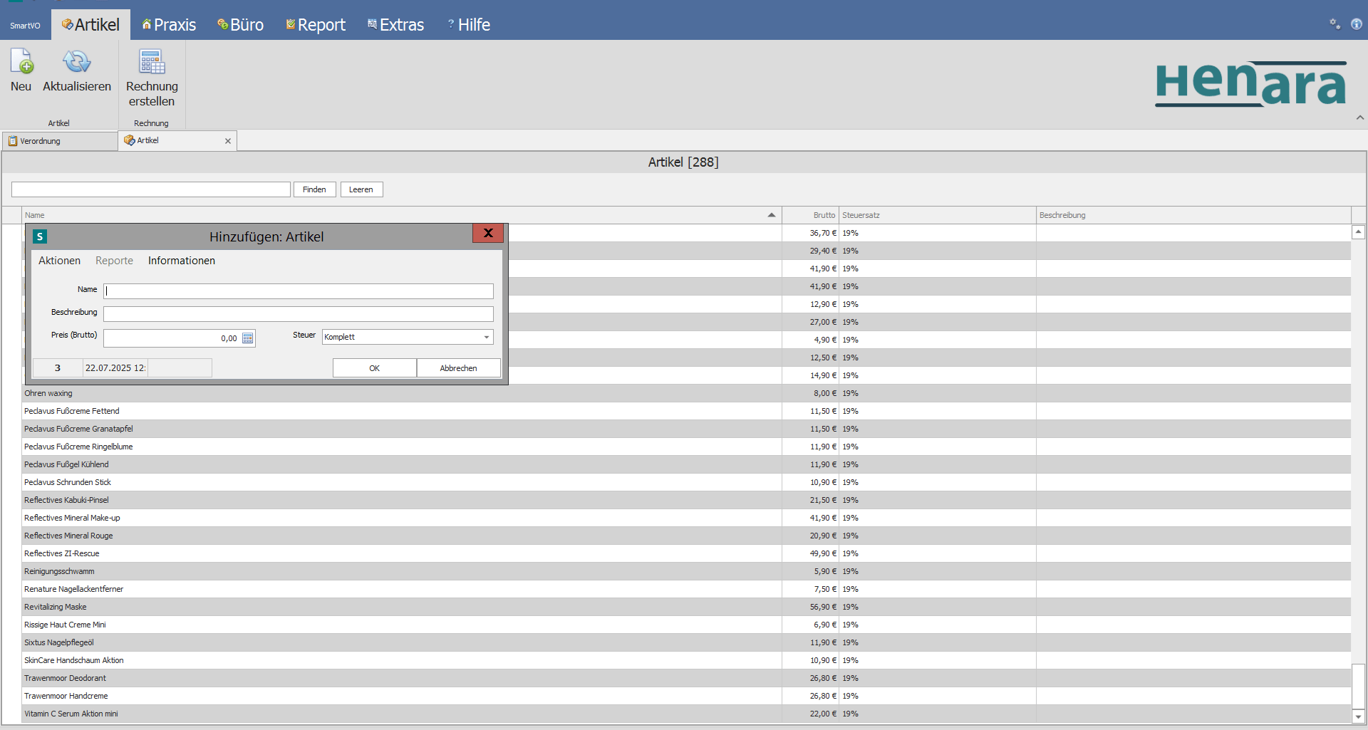 Henara Praxissoftware für Podologen, Artikelverkauf, Artikelübersicht
