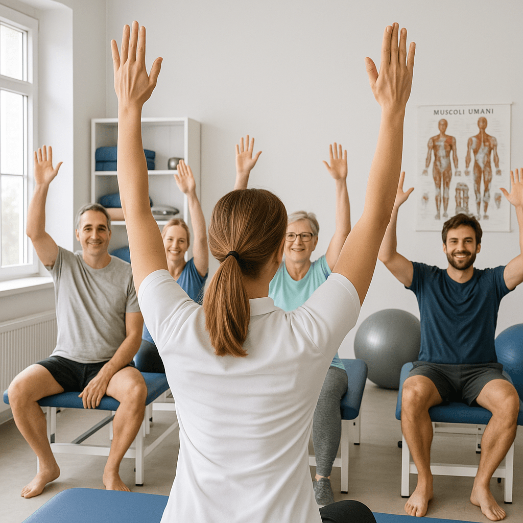 Eine Gruppe in einer Physiotherapiepraxis.