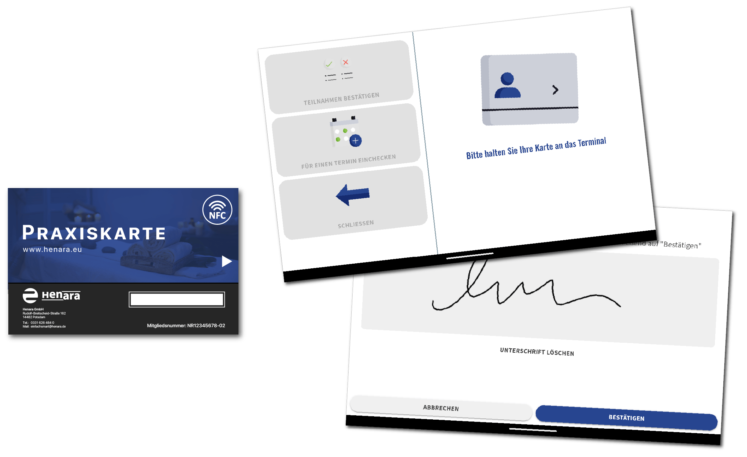 Henara Praxissoftware für Rehasport und Funktionstraining bietet ein Check-in Terminal für mobile Geräte zur digitalen Leistungsbestätigung und Unterschrift