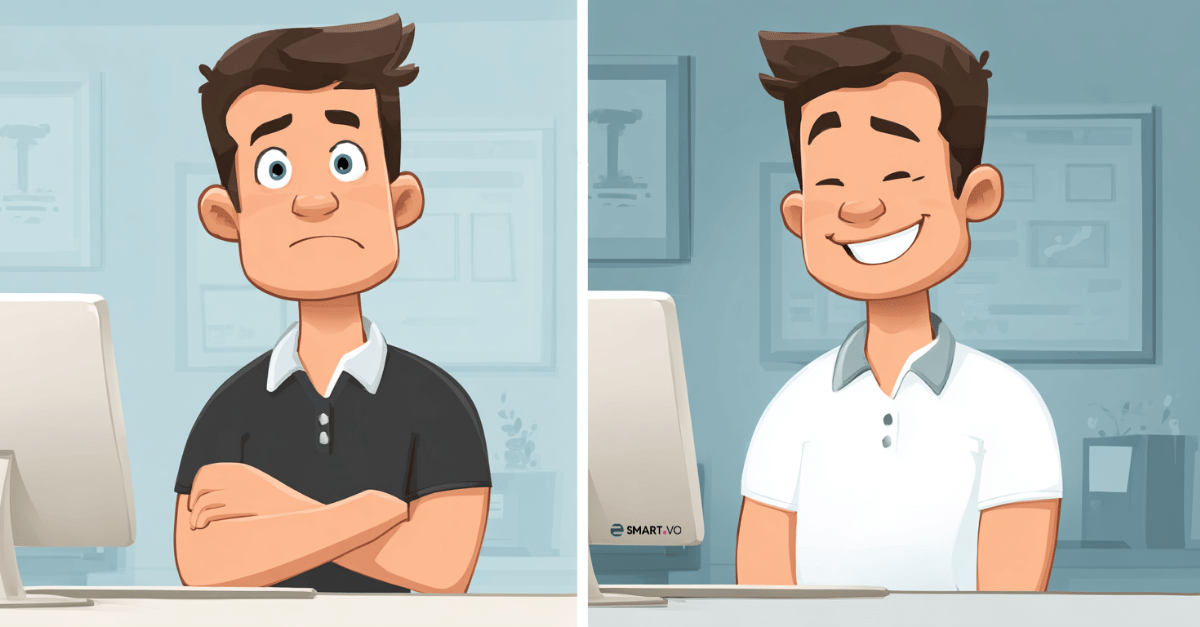 Illustration eines Physiotherapeuten am Computer: links frustriert mit verschränkten Armen, rechts entspannt und lächelnd – Symbolbild für den Wechsel zu besserer Praxissoftware.